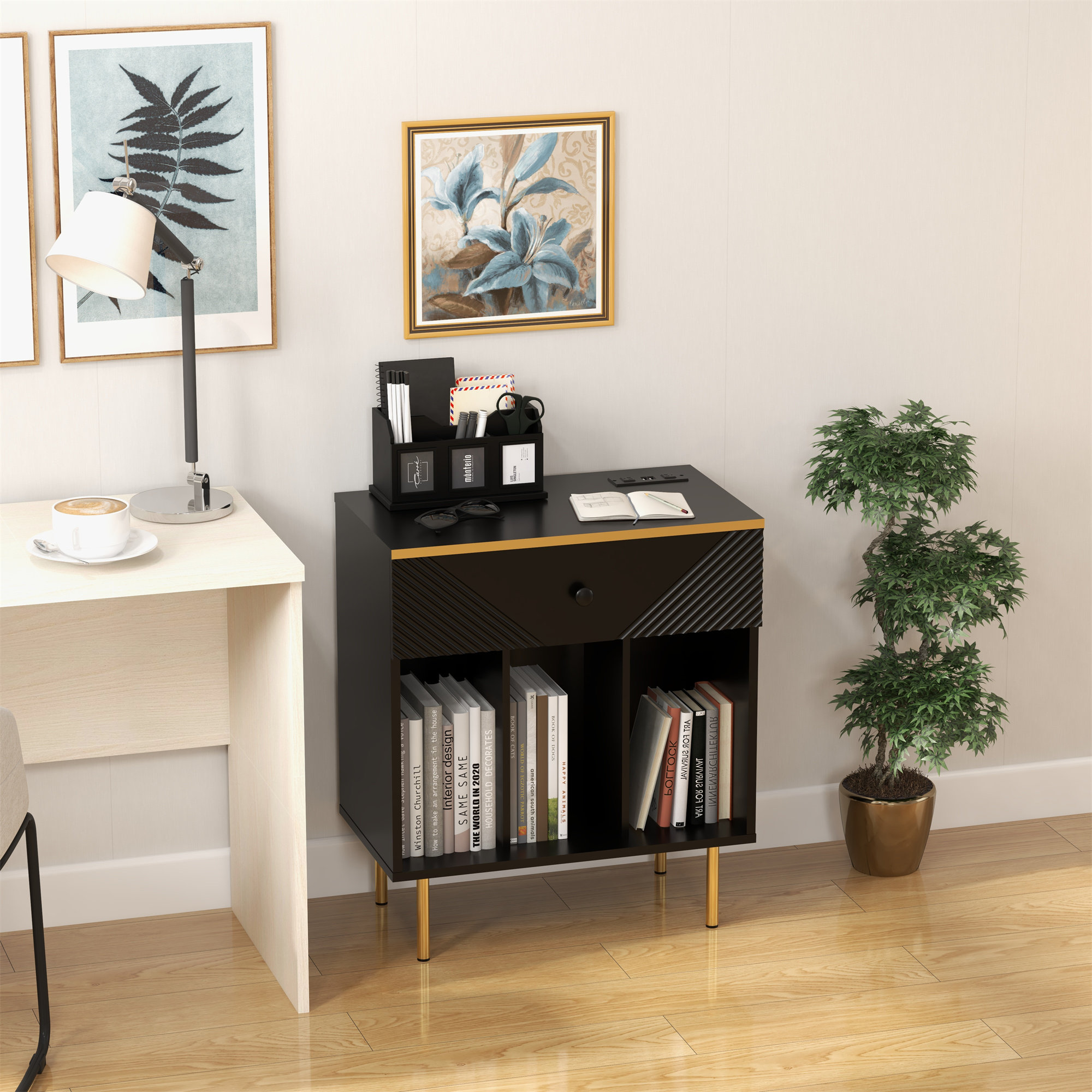 Mercer41 24 "W Record Player Table Holds, One Drawer Record Shelf for